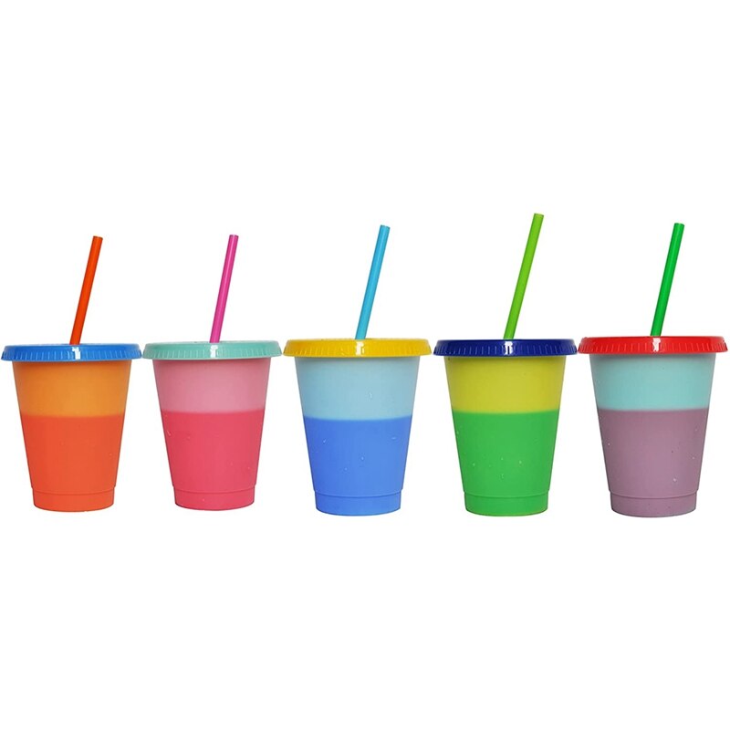 Color Changing Cup, Plastic Cup, Reusable Plastic Cup, Color Changing Cup, Plastic Cup With Cover And Straw,5 Pieces