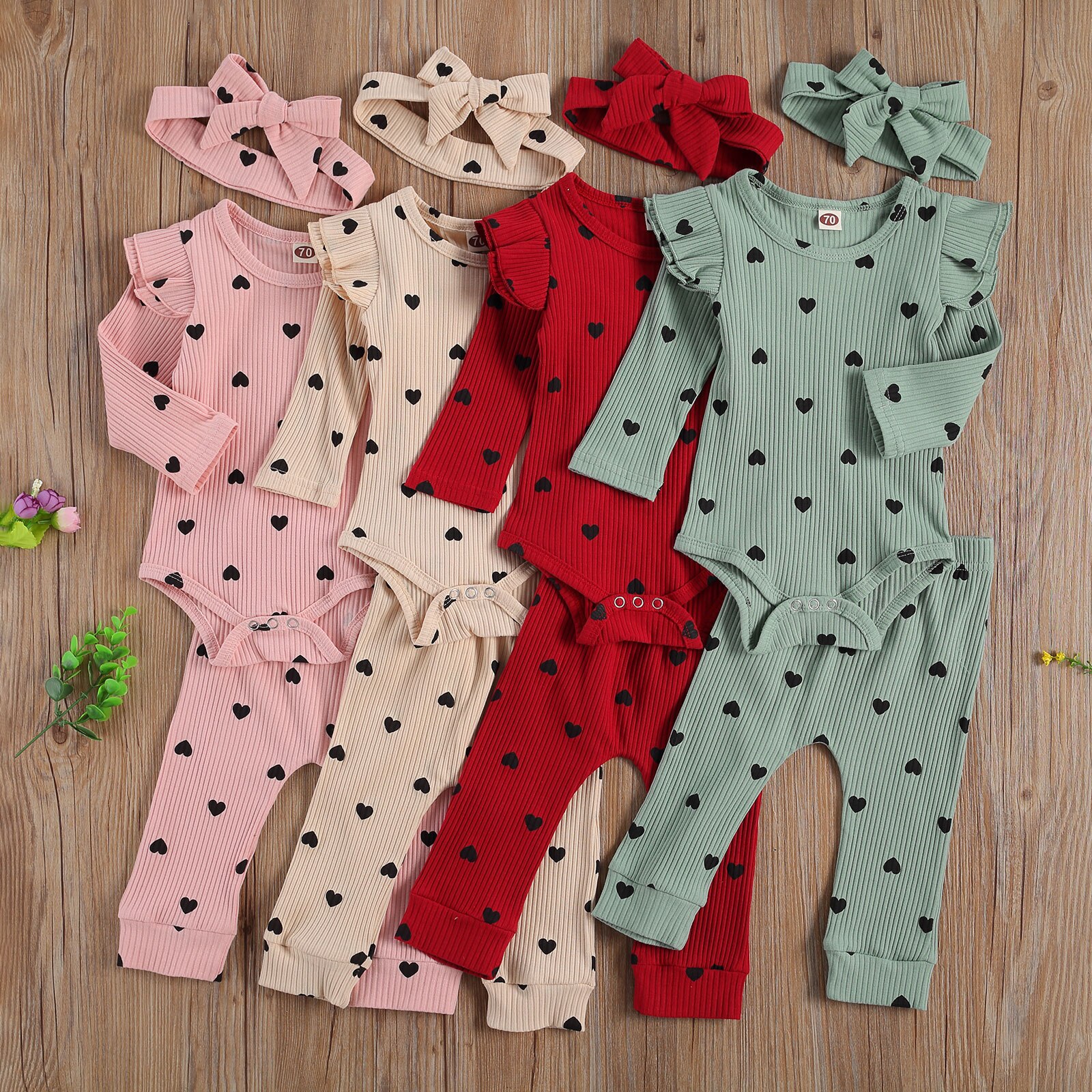 Mise au point 0-24M -né bébé filles garçons vêtements ensembles 3 pièces coeur imprimé volants à manches longues barboteuse pantalons hauts bandeau