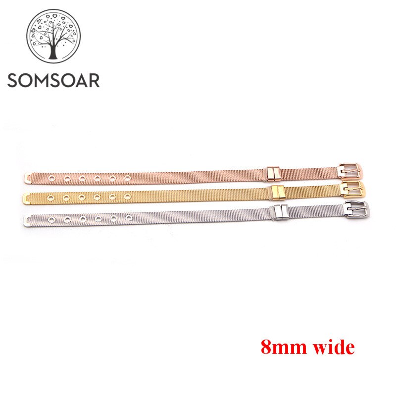 Somsoar 8mm de Largura de Malha de Aço Stianless Pulseira Malha Jóias silvering/ouro/Rose Gold Bangle fit 8 milímetros DIY Encantos de Slides 10 pçs/lote