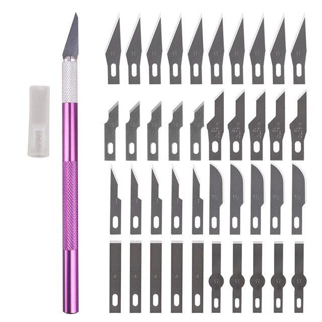 41PCS Craft Scalpel Multifunction Blade Cutter Carving Blade 40 Blade+1 Carving Handle Mobile Phone PCB DIY Repair Hand Tools: Purple