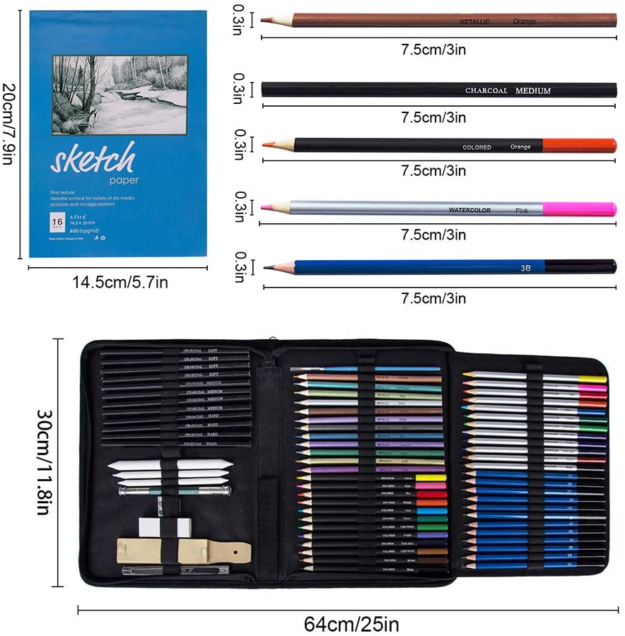 71 stk tegneskitse blyanter kul/grafit/akvarel/metallic/farvet blyant til skitsemaling farvesæt