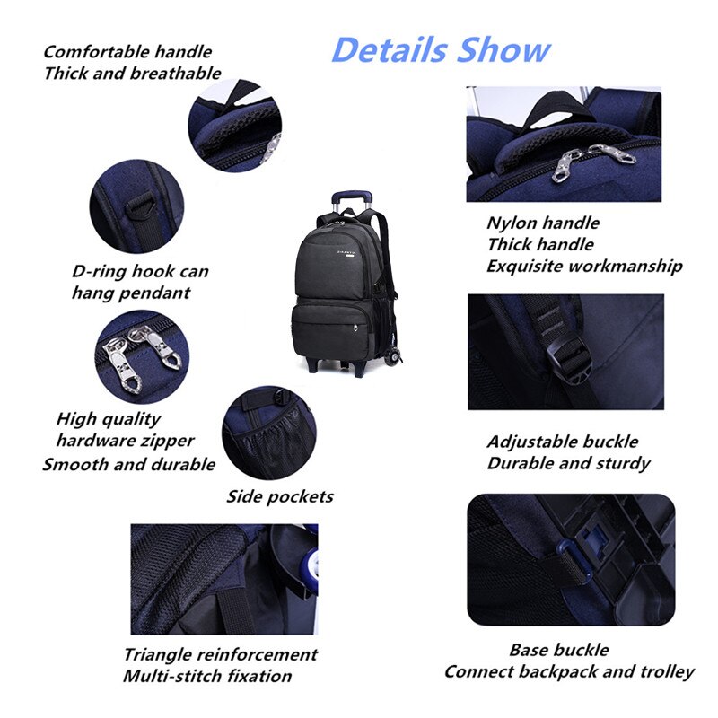 Mochilas escolares para meninos, bolsa de viagem para crianças com 2 rodas