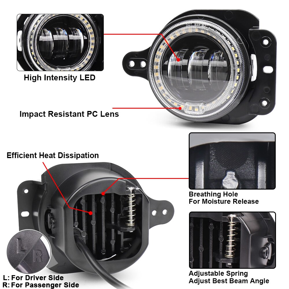 12V DC 30W LED Fog Lights with White halo Ring 1 Set Compatible with Jeep-Wrangler JL