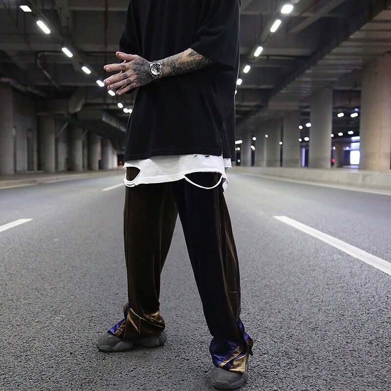 Bunn glidelås fløyel bukser med brede ben herre side skjøtet stripe rett bukse løs tilfeldig elastisk midjebukser hip hop streetwear
