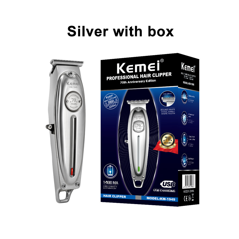 Kemei 1949 Hair Clipper All Metal Men Electric Cordless Hair Trimmer 0mm Baldheaded T Blade Finish Haircut Machine: silver with box