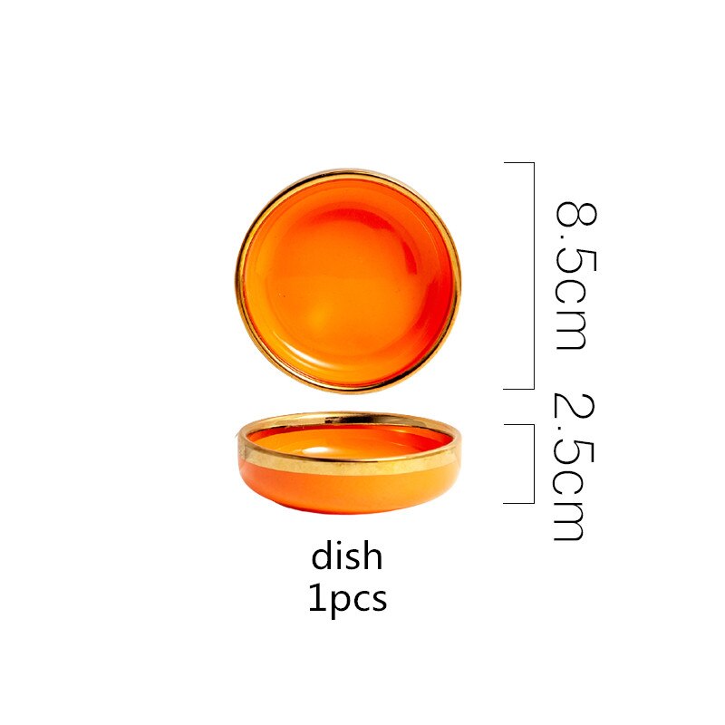 High Grade Bright Orange With Gold Lnlay Plates Steak Food Tray Ceramic Dinner Dish Salad Bowl Mug Porcelain Dinnerware: dish 1PCS