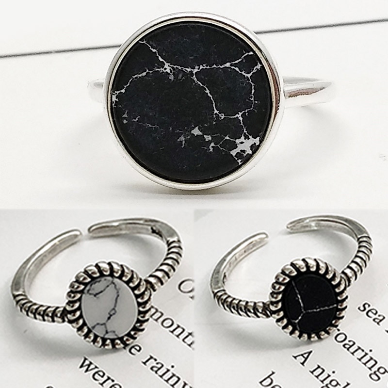 1PC Round Circle Black Open Valentines Ring White Unique Adjustable Exquisite Marbled Stone