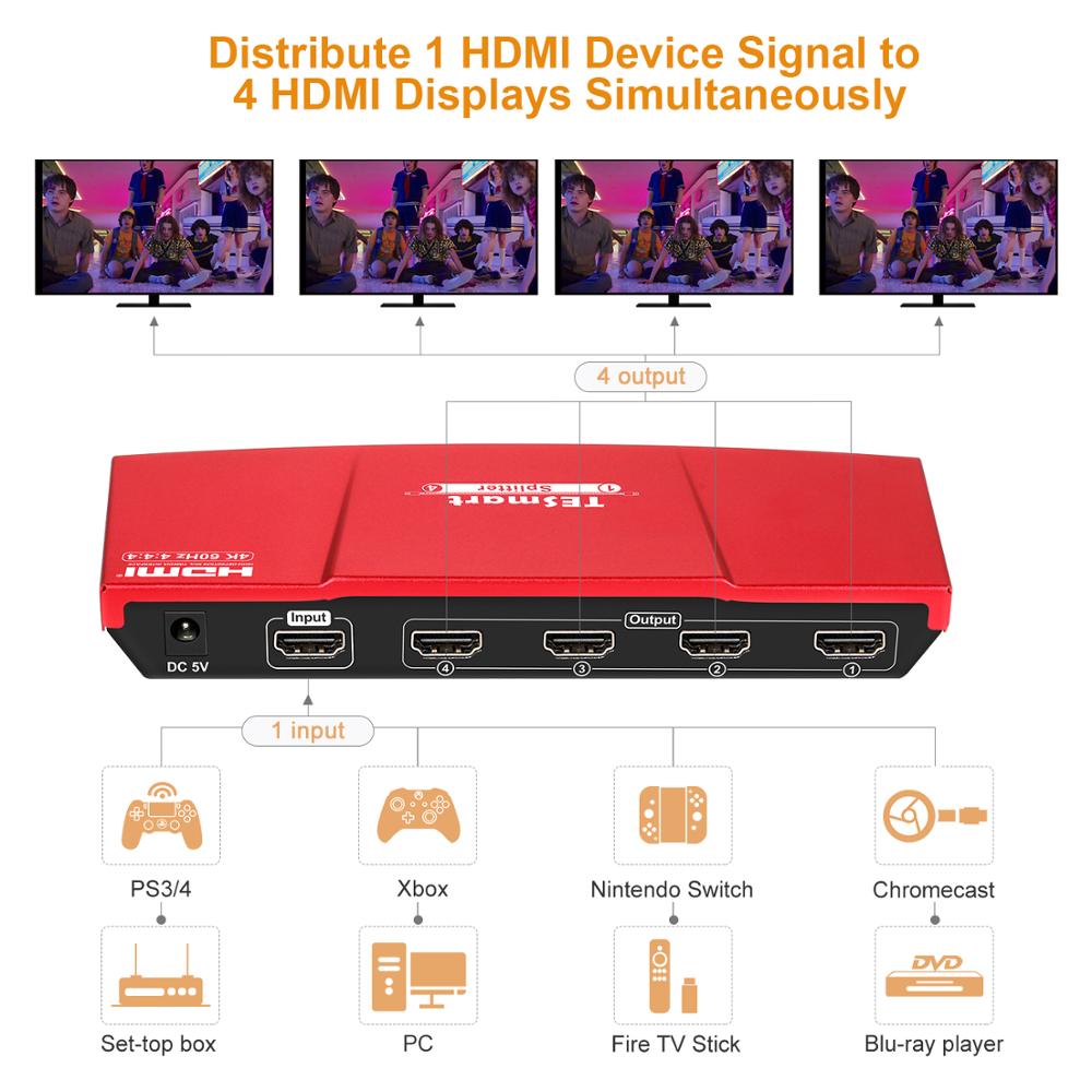Tesmart Hdmi Splitter 1X4, Uhd 4K @ 60Hz 4:4:4 Ondersteunt Hdcp 2.2, 18Gbps, HDR10, Dolby Vision, Lpcm 7.1 Met Smart Edid