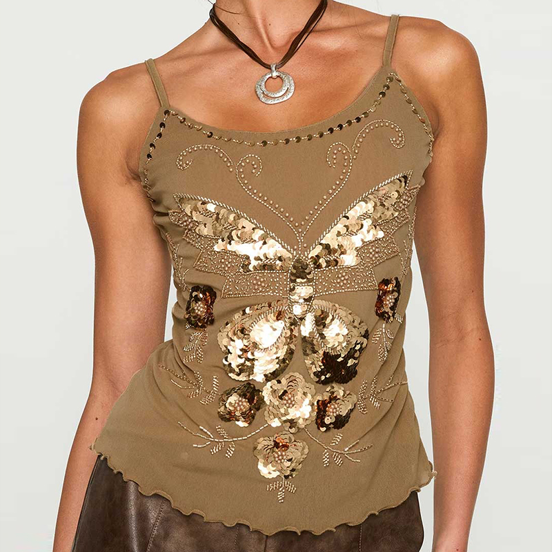 Sequin Beaded Crop Tops Coquette Multi-layers Sleeveless Camis Sparkly Glitter Tank Top Women Y2k Fiary Going Out Vest: L / Brown