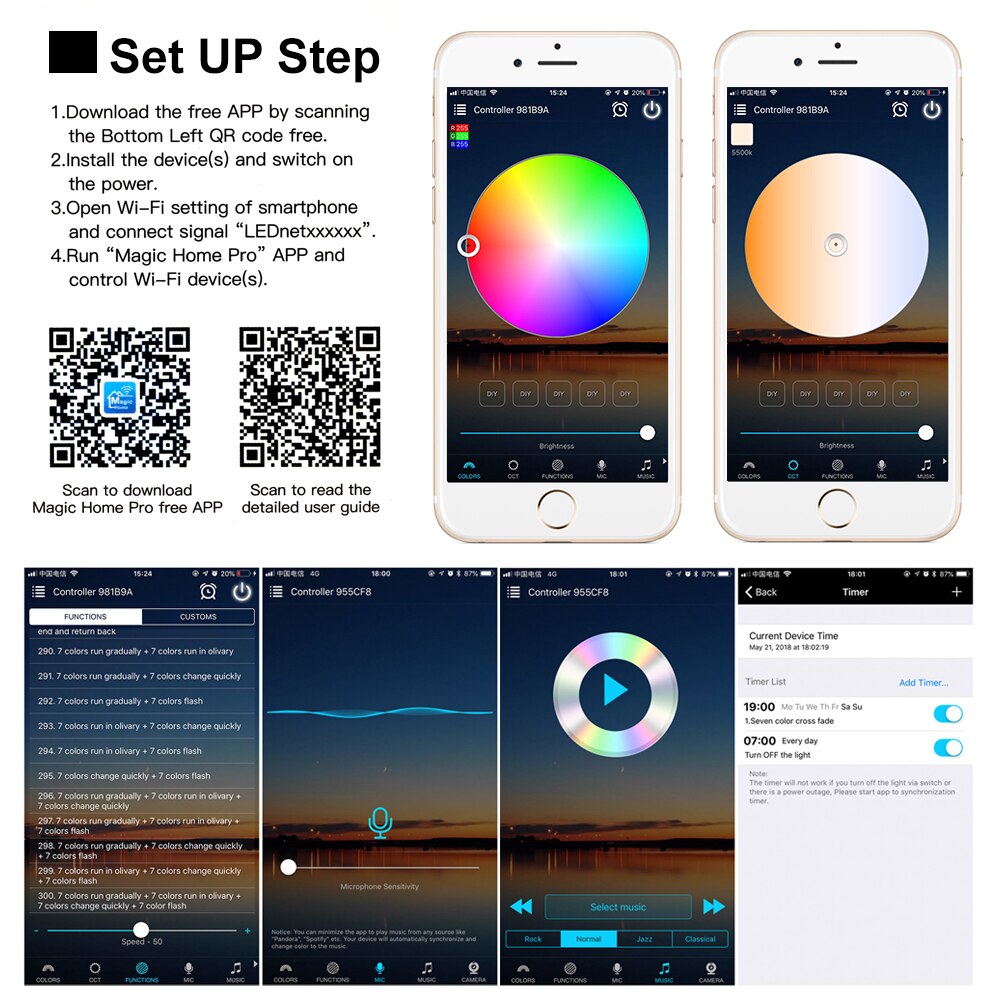 Magic Home Bluetooth Wifi 16 millions RGB LED Controller Smartphone APP Control 50M RF IR Remote Google Voice Controller D30