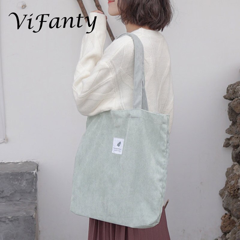Meisjes Vrouwen Corduroy Boodschappentas Canvas Doek Schoudertas Milieu Opslag Handtas Herbruikbare Eco Grocery Totes Tas