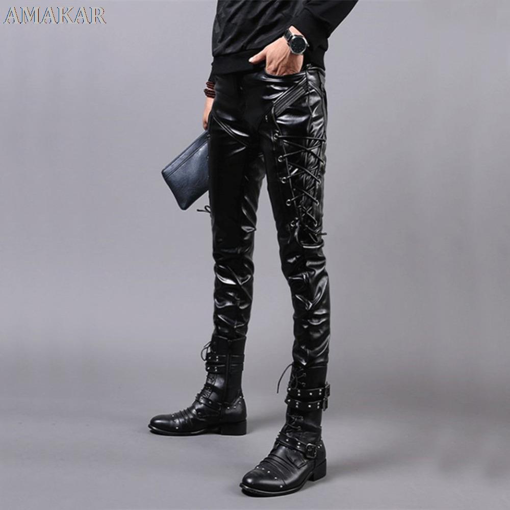 Punk Stil Dünne PU Leder Hosen Party Bühne Leistung Nacht Club Steampunk Faux Spitze Up Pleather Hosen