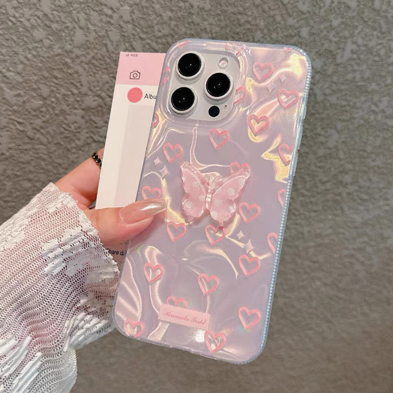 Para iPhone 15 Pro 16 Plus 14 Pro Max 13 12 11 X XS XR 7 8 SE romántico corazón rosa mariposa brillo forro duro alta funda de teléfono