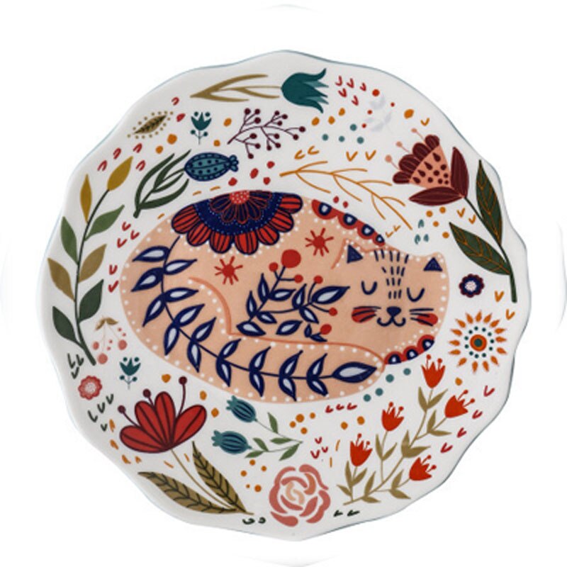 8 inch Colorful Cat Dinner Plate Under-Glazed Ceramic Dinner Dishes Dessert Tray Flower Kitten Dinnerware Microwave Safe: E