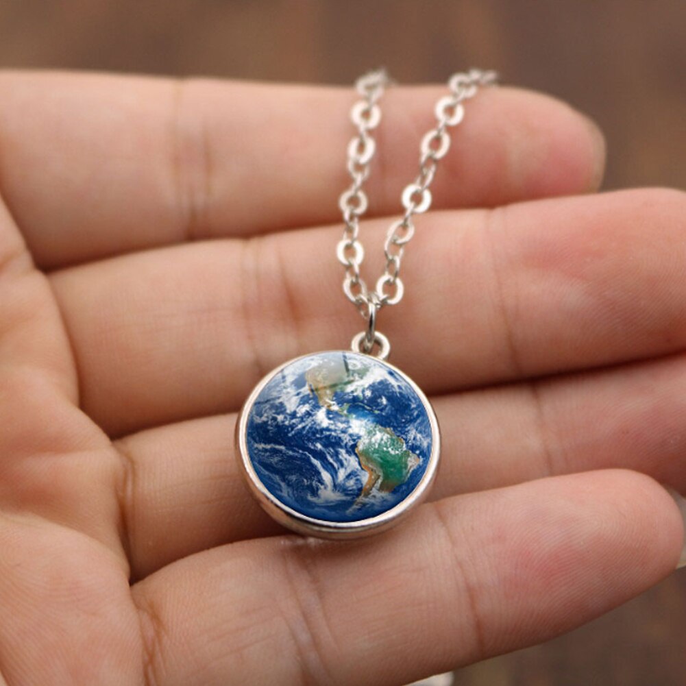 Personality Double Side Glass Ball Necklace Earth Planet Pattern Jewelry Galaxy Astronomy Pendant Necklace for Men: 3