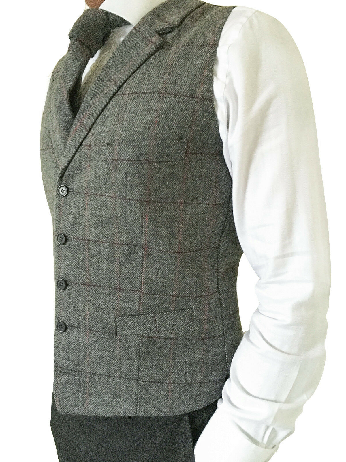 Chaleco gris para hombre, ropa informal de satén con solapa mezclada de lana a rayas a cuadros, sin corbata