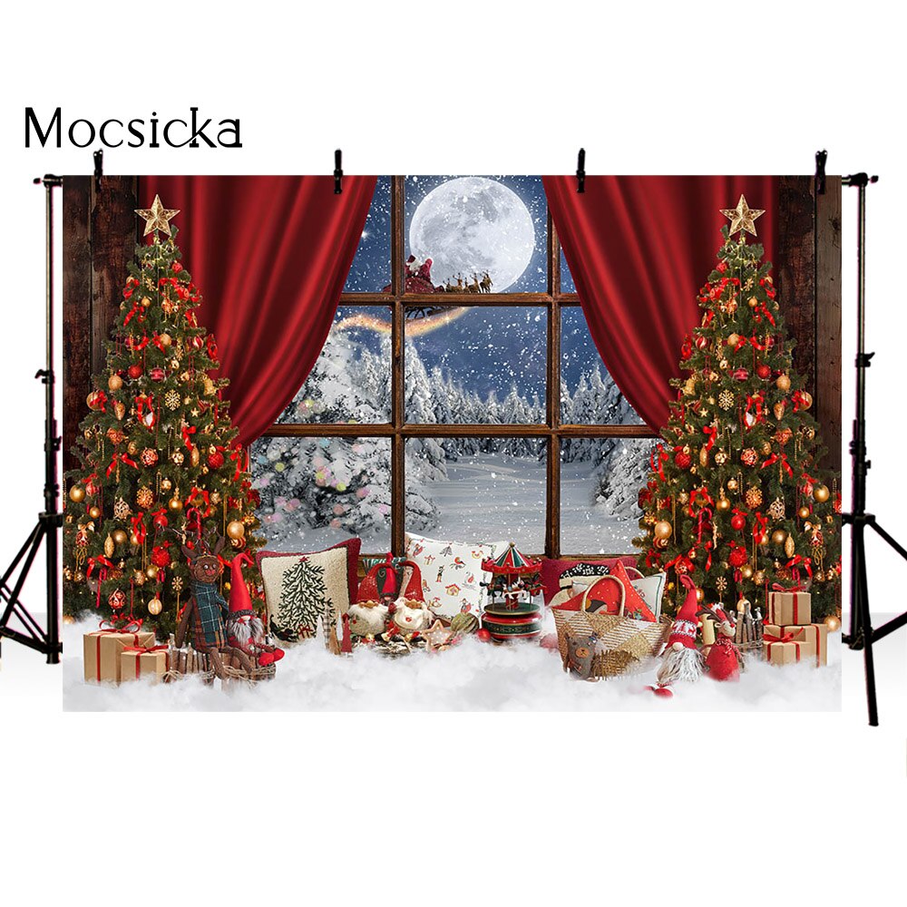 Children Kids Christmas Portrait Background for Photography Pine Tree Boxes Red Curtain White Snow Scene Photo Background: Poly--150x100cm
