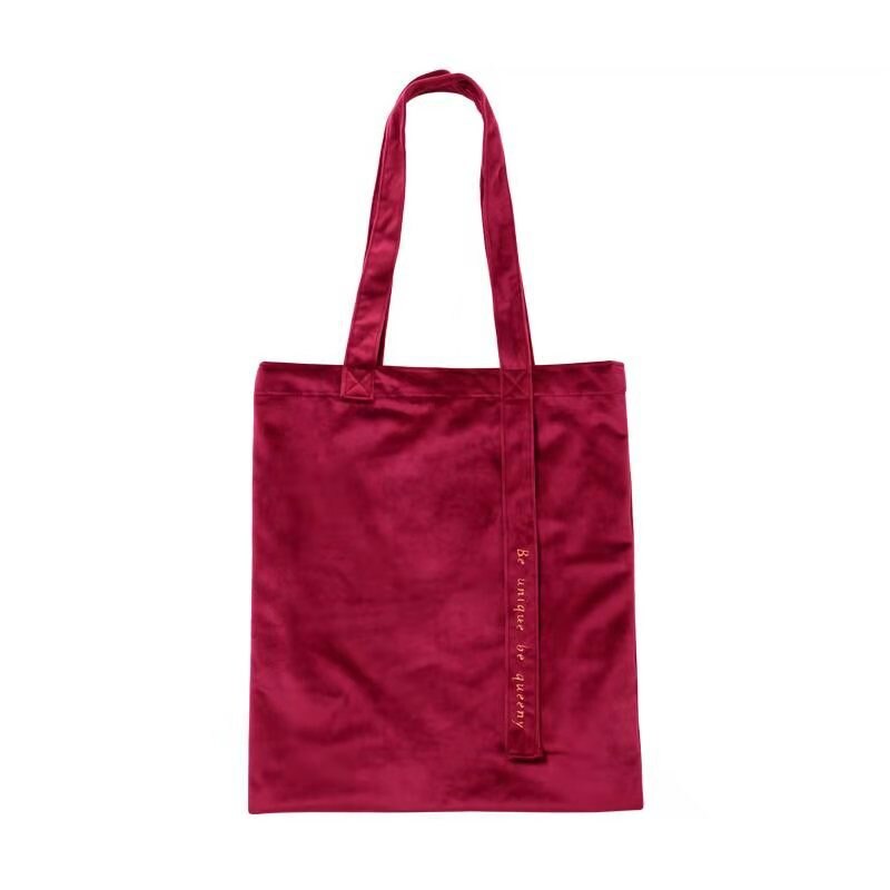 Rode fluwelen canvas tas met geborduurde letters, canvas tas met retro chic borduurwerk en lint