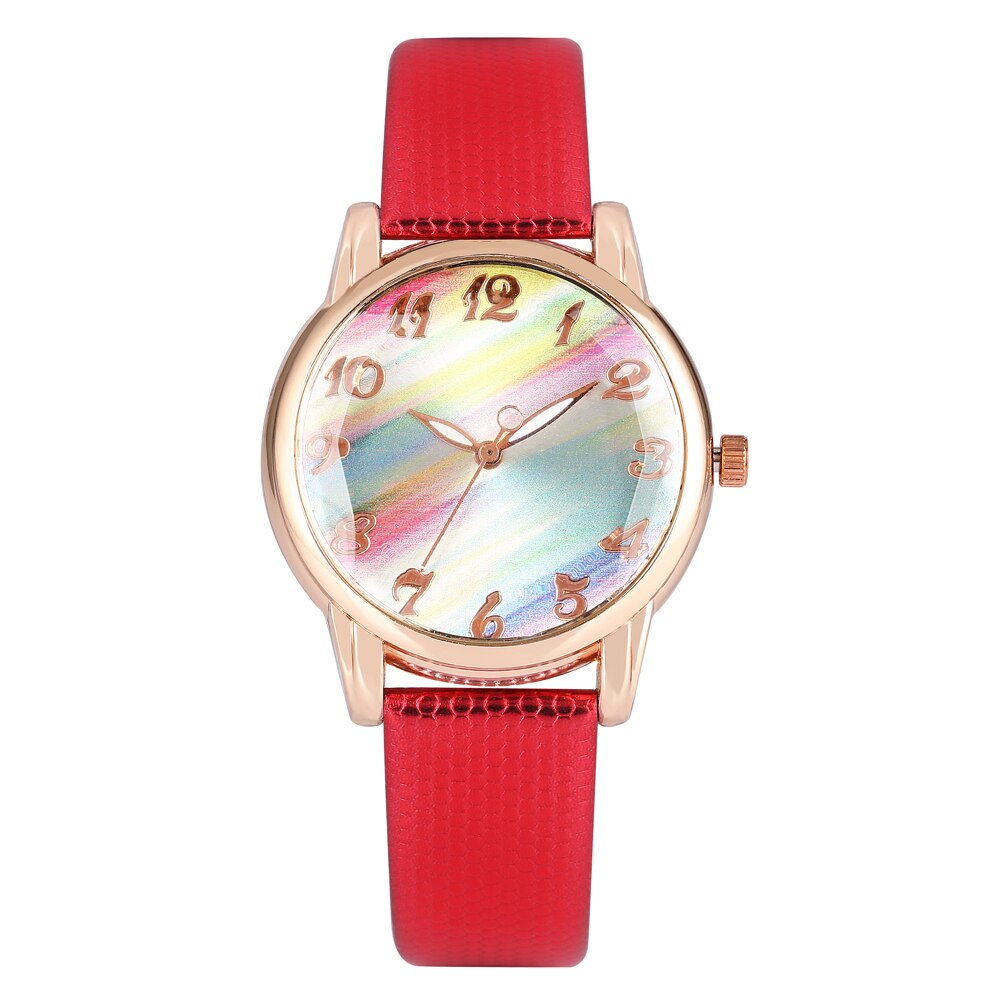 Horloges dames regenboog spiegel damesklok quartz polshorloge wit/roze/rood leren band armband horloge montre femme: Rode band