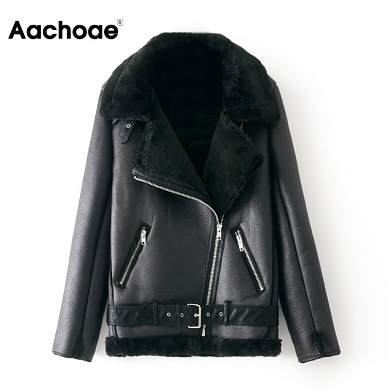 Aachoae Frauen Winter Feste PU Faux Leder Jacke Mit Gürtel Dicke Warme Reißverschluss Langarm Mantel Weibliche Streetwear gepolstert Jacken