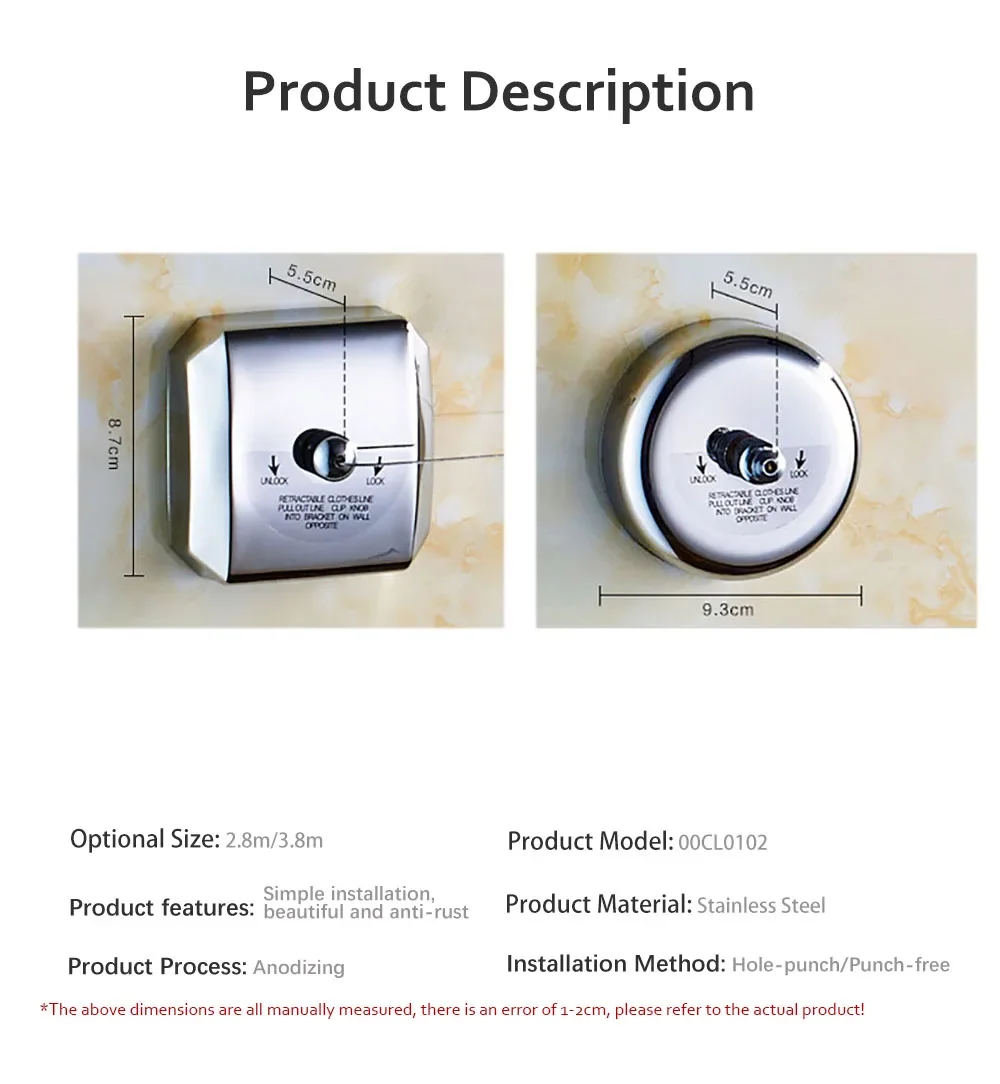 Clothesline Retractable Silver 304 Stainless Steel Wire Rope Bathroom Hotel Clothes Artifact Invisible Drying Rack Home Storage