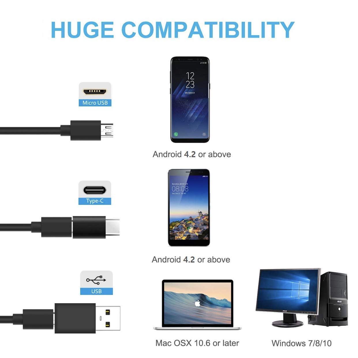 2.0 MP HD Camera 1200P 8mm 1M 2M 5M Semi-Rigide USB Endoscoop Type C Borescope Inspectie Camera voor Android Smartphone Windows