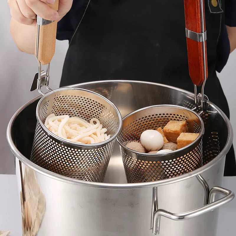 Stainless Steel Funnel Wooden Handle Cooking Noodles Fishing Rice Noodle Funnel Kitchen Gadgets Cooking Noodles Sieve Spoon