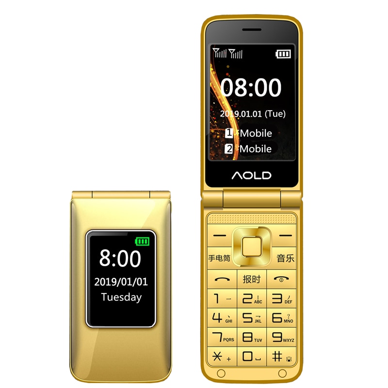 Flip Slanke Clamshell Mobiele Telefoon Voor Oude Senior Mensen Speed Dial Russisch Sleutel Dual Sim Metalen Case Torch Extra Licht