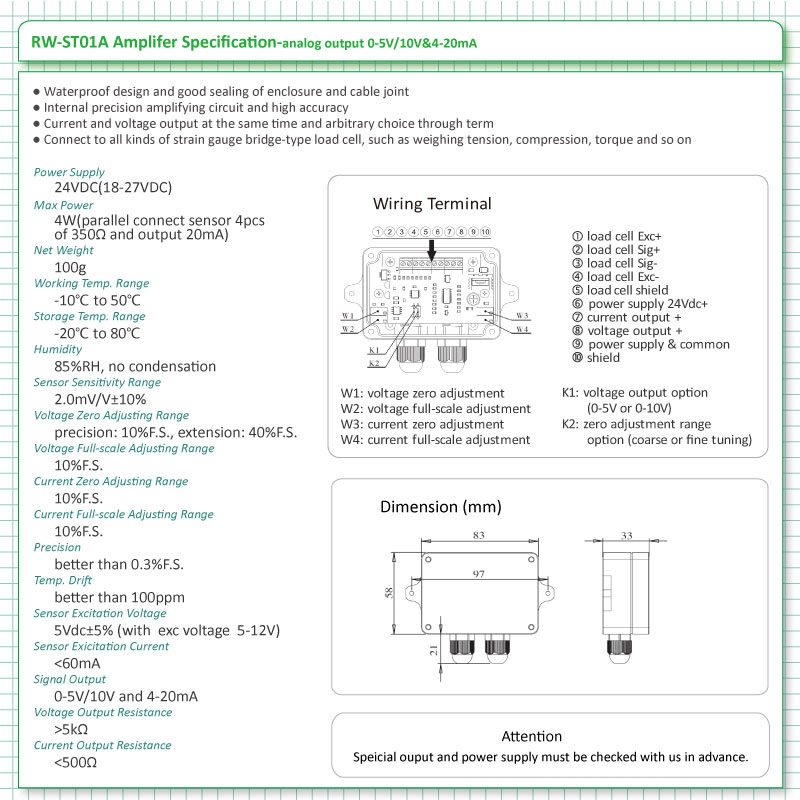 RW-ST01A Load cell / Strain Gauge Amplifier, Dual signal output(0-5V/10V&4-20mA)