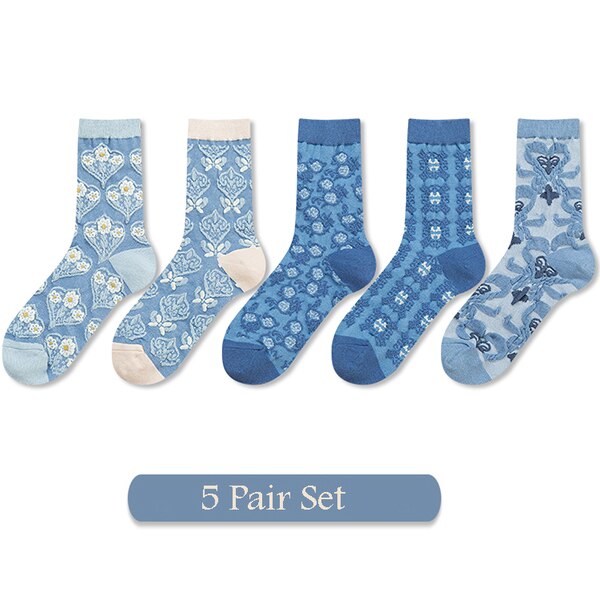 5 Pairs Vrouwen Sokken Set Herfst Winter Bloemen Printing Katoen Harajuku Blauwe Accessoires Geometrie Hartvormige Femme Sokken Kawai: A