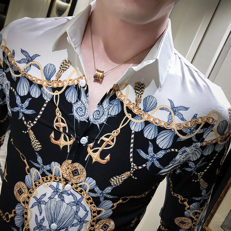 Guld sort koreansk mænd tøj streetwear print mænd casual skjorte slim fit mænd skjorte kjole fest smoking camiseta masculina