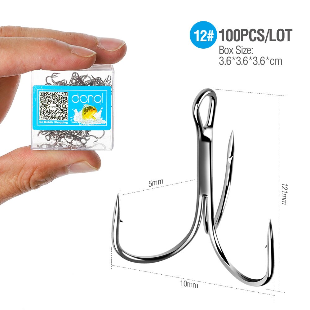 DONQL 100pcs/ Box Treble Fishing Hooks Carbon Steel Barbed Fishhooks Set Triple Hooks Sea Fishing Tackle Accessories For Lures: Size 12