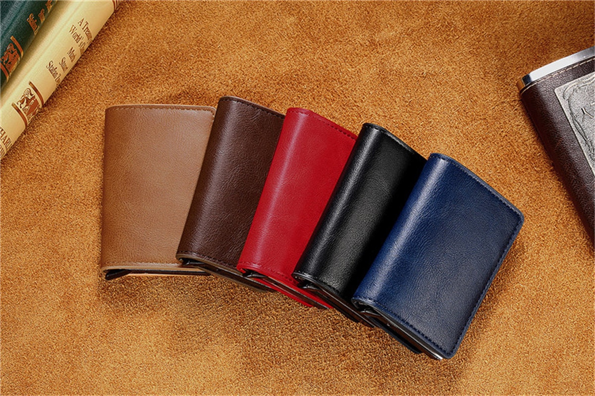 Zovyvol Business Credit Card Holder Men Women Metal RFID Vintage Aluminium Box Crazy Horse PU Leather Card Wallet Purses