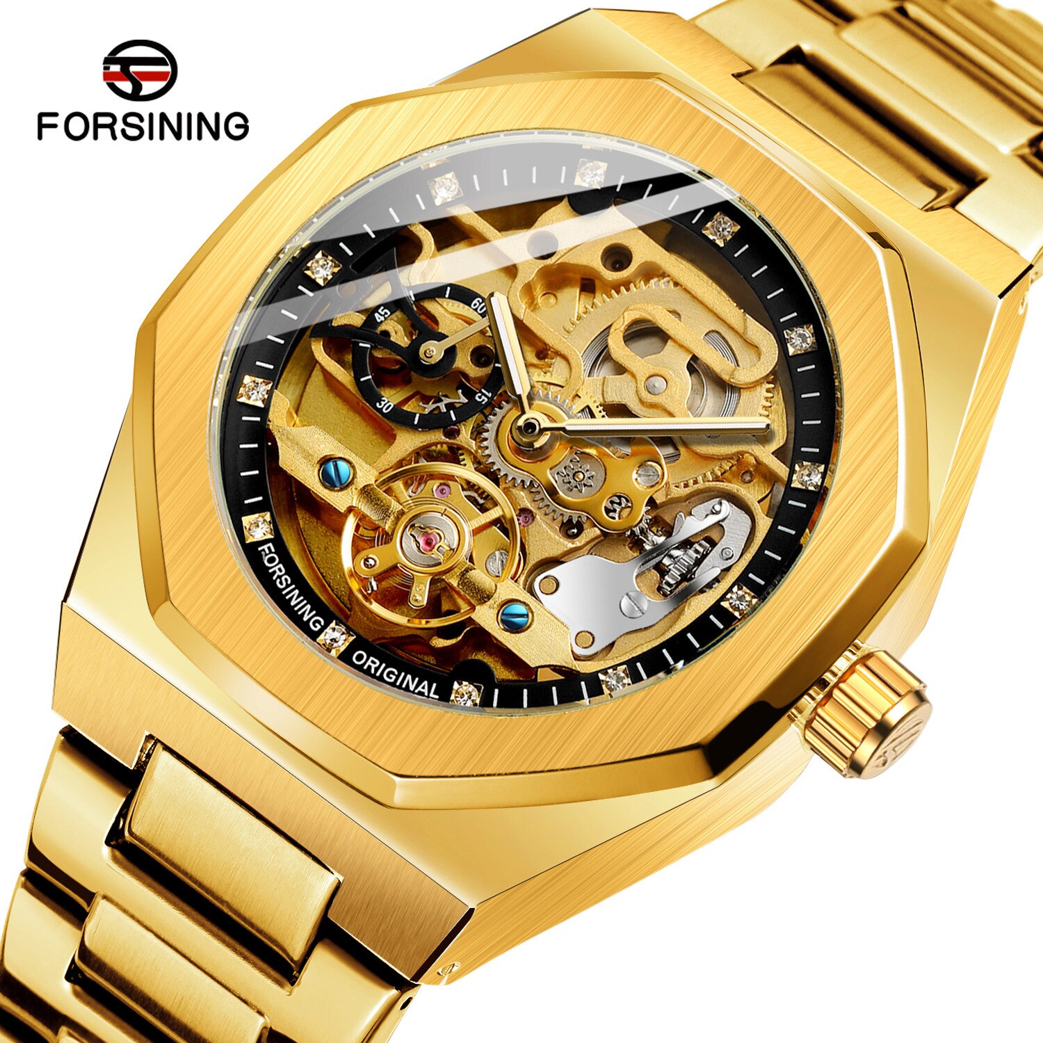 Forsining Automatic Mechanical Watch Luminous Three Eyes Six Needles Skeleton Top Brand Luxury Male Wrist Watch Wrist Clock: gold black