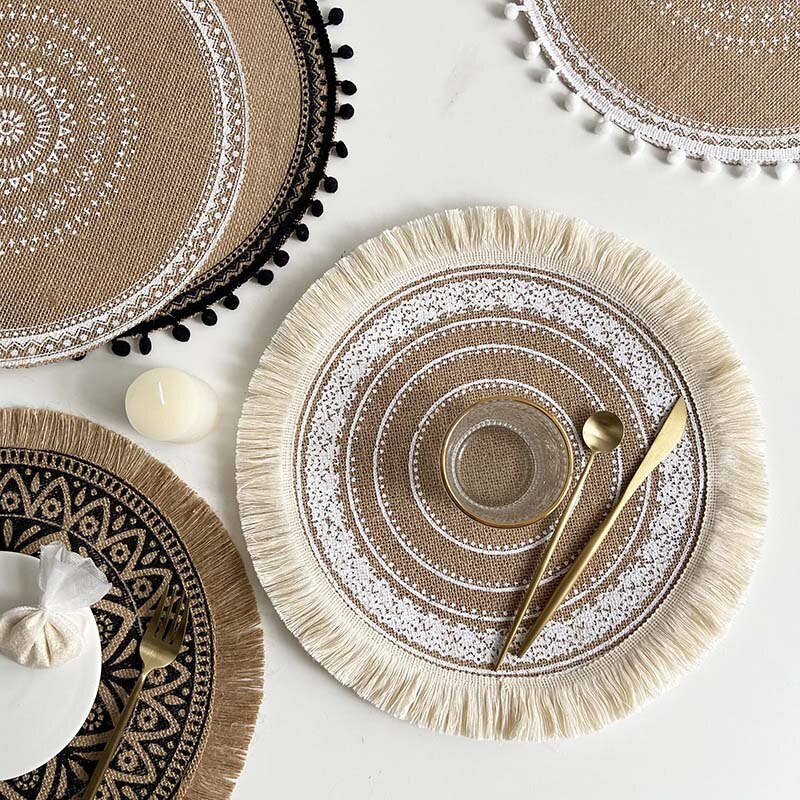 Prachtige Geweven Jute Katoen Tafel Mat Bohemian Stijl Afdrukken Placemat Ronde Voedsel Pad Dining Servies Coaster Keuken Decor