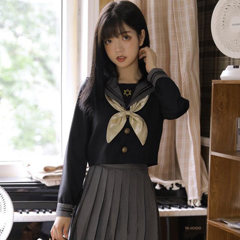 Japan Uniform Soft Girl Long Sleeve Sailor Suit Female Middle School Student Wear School Uniform Black College Style