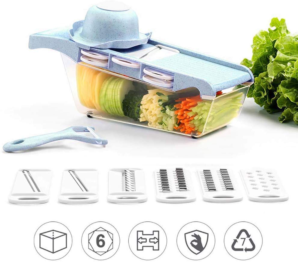 Mandoline slicer vegetal slicer 6 em 1 multi-função cortador de alimentos ralador chopper frutas e queijo 5 lâminas e suporte: Blue