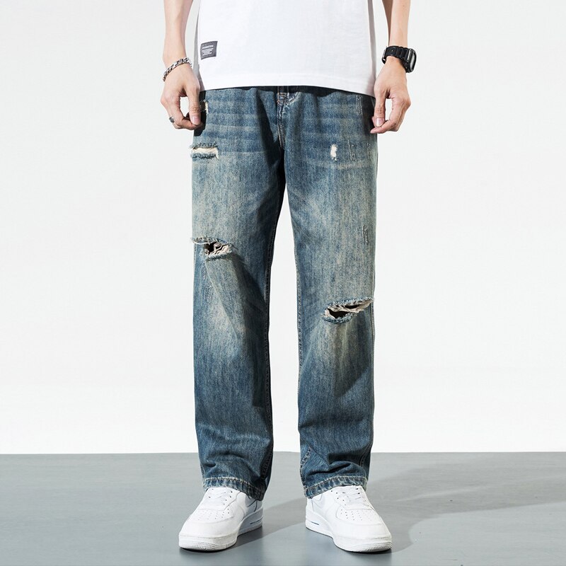 Men Jeans Straight Fit Destroyed Ripped Jeans Men Streetwear Retro Blue Hip Hop Loose Fit Wide Leg Denim Pants