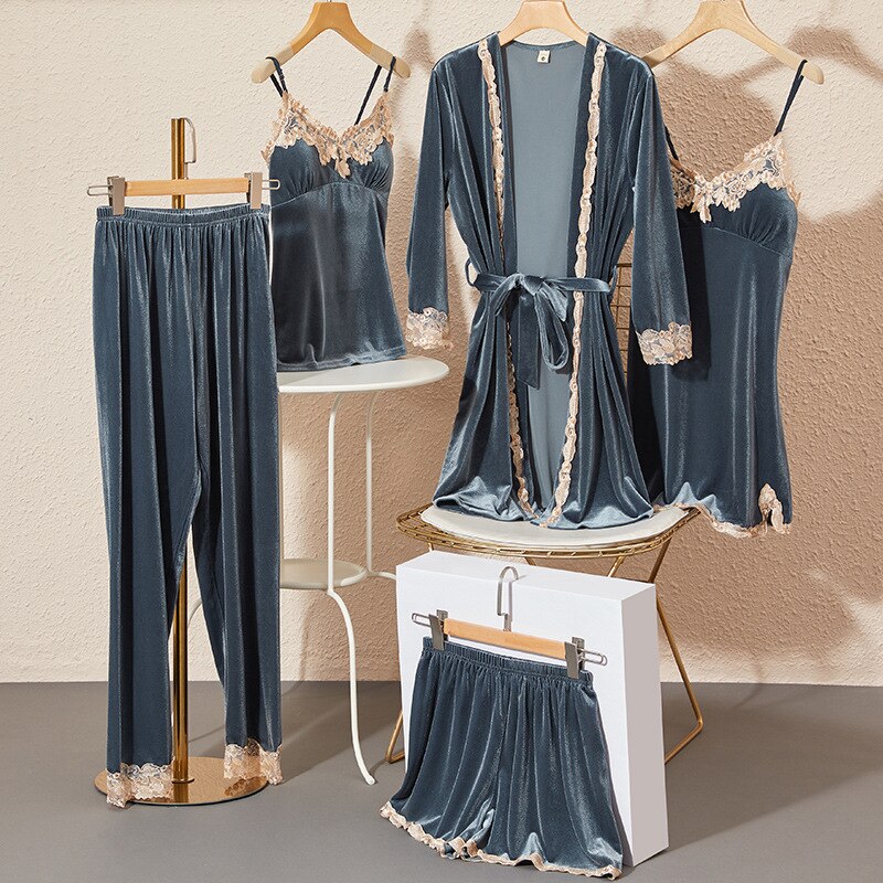 Ensemble pyjama en peluche pour femmes, 5 pièces/ensemble, chemise de nuit chaude, pour la maison, l&#39;hôtel, collection hiver-automne: gray / L 160-168cm 52-65kg