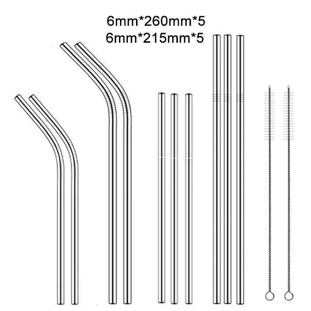 Paille métallique réutilisable 260x6mm, en acier inoxydable 304 de avec brosse de nettoyage pour tasses 20/30oz,: UL-10pc-2Brush
