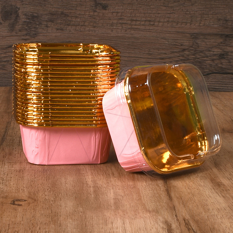 50 Stück quadratische Cupcake-Becher mit Deckel, Pudding-Becher, backfeste Einweg-Cupcake-Becher aus Folie, Muffin-Dosen für Hochzeitsbacken: Rosa
