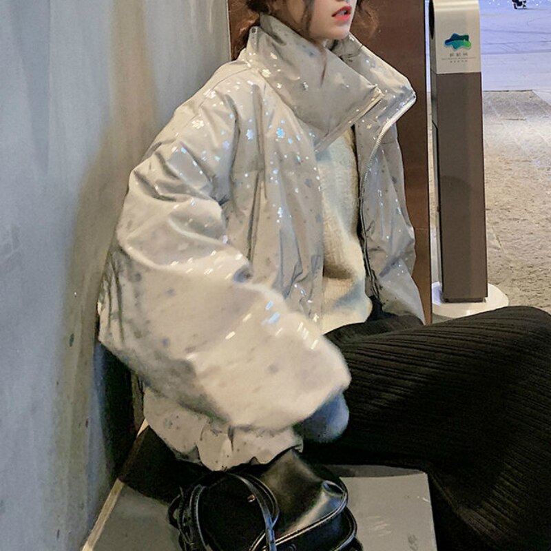 Kort stil parkaer trendy blank sølv chic vinter dame outwear harajuku studerende oversize jakker match streetwear 5xl