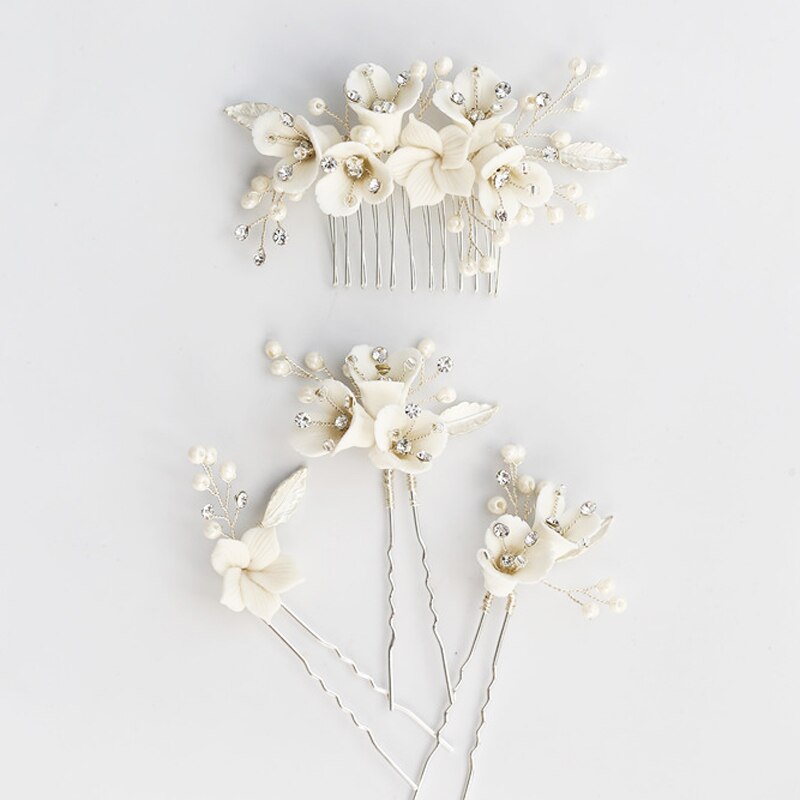 Handmade Bride Headpiece biżuteria ceramiczna kwiatowa do włosów grzebień zestaw klipów wsuwka ślubne ślubne akcesoria do włosów: AC19-7 - 4pcs silver