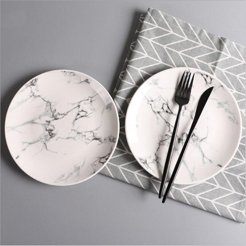 8 inch Marble Ceramic Plates Dinner Porcelain Dessert Plate Beef Dish Fruit Plate Cake Tray Food Ceramic Tableware 1pc