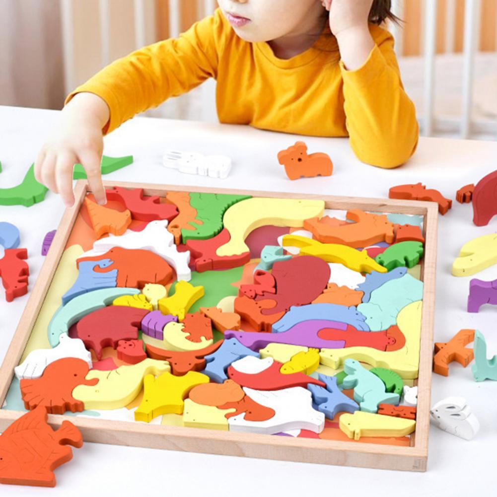 Handmade Parent-child Interactive Wooden Colorful Animal Shape Assembly Puzzle for Kids