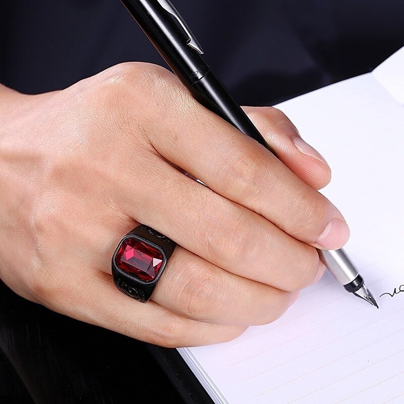 Anillo de boda gótico Punk para hombre y mujer, sortija de boda con piedra roja, cristal negro, para ,