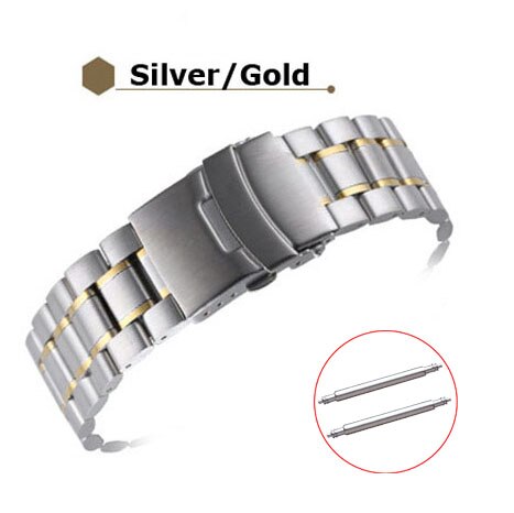 Cinturino in acciaio inossidabile 18mm 20mm 22mm 24mm cinturino cinturino estremità curva cinturino orologio doppio blocco fibbia cinturino da polso di ricambio: Silver Gold / 22 millimetri