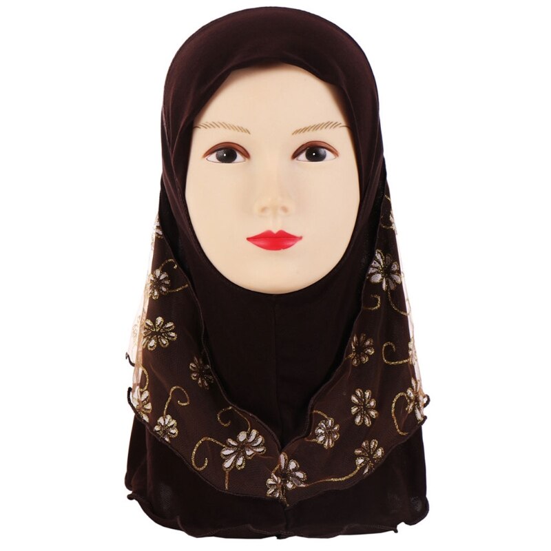 Children Kids Muslim Small Girl Hijab With Lace Flower Pattern Islamic Scarf Shawls Stretch 56cm 7-11 Years Old: C