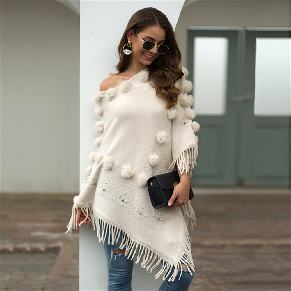 Cape Poncho pour femmes, col rond, avec pompon tricoté, Capes solides, manteau , Cape, châle, automne