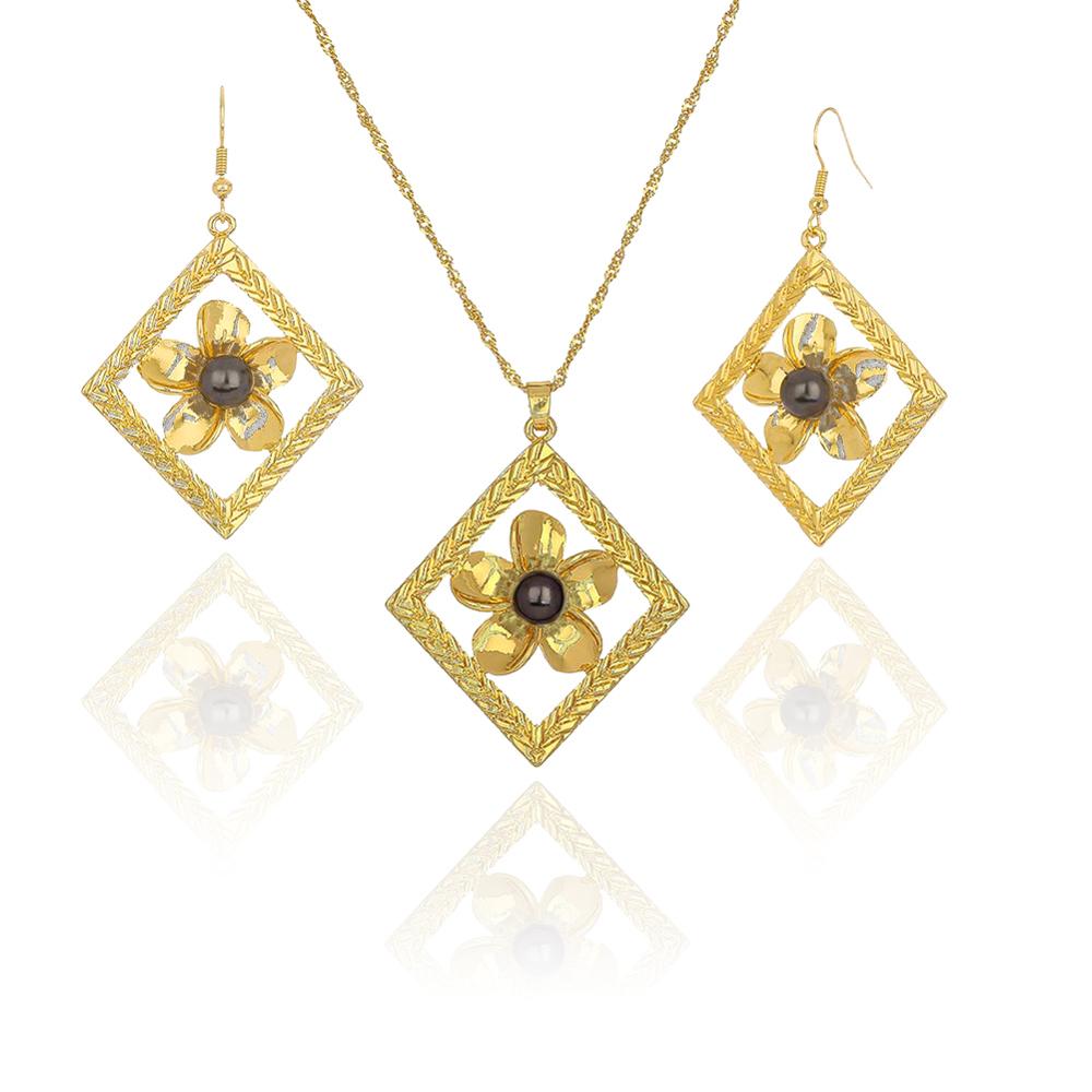 Cring Coco Mode Hibiscus Bloemen Sieraden Set Vrouwen Hawaiian Polynesische Vergulde Ketting Oorbellen Set: ZH0031GOGR